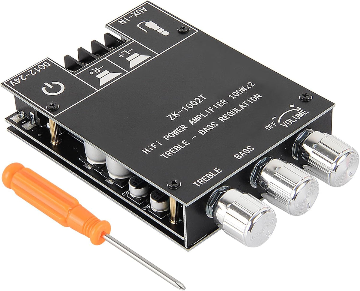 AITRIP 2PCS ZK-1002T 2.0CH 100W*2 9-24V Bluetooth Amplifier Board Mini Audio AMP with Treble and Bass Control, BT