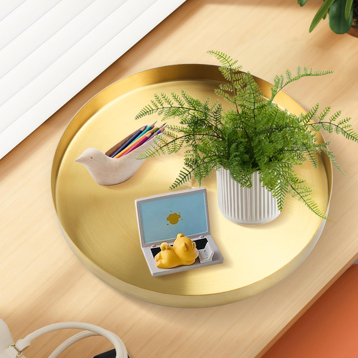 12 Inch Golden Round Platter Tray, Trays for Domestic Purposes, Stainless Steel Serving, Circle Decorative Tray, Vanity Tray for Centerpiece Home Decor