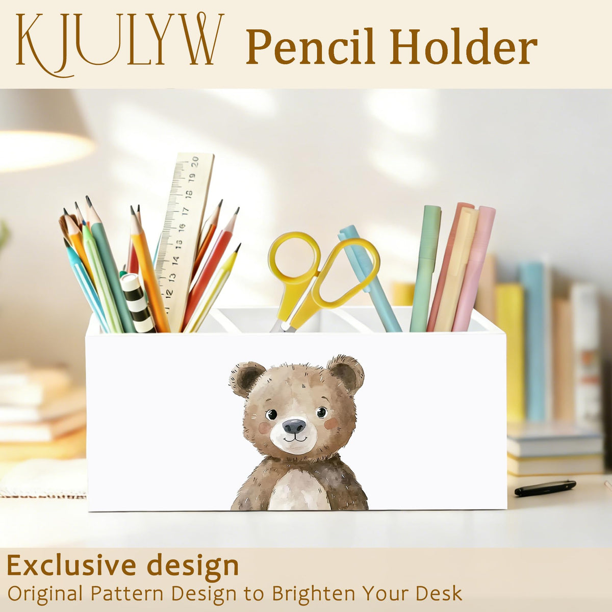 KJULYW Brown Bear Pen Holder for Desk, Bear Lover Gifts, Cute Forest Animal Wooden Box Pencil Pen Holder Organizer for Kids Room Home Office Desk Accessories