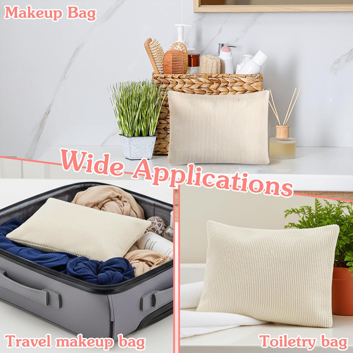 HOFURME 8 Pcs Cosmetic Bags for Women Makeup Bag for Purse Small Corduroy Makeup Pouch Travel Make Up Bag with Zipper Toiletry Bag Organizer (10.24 x 1.57 x 7.09 Inch)