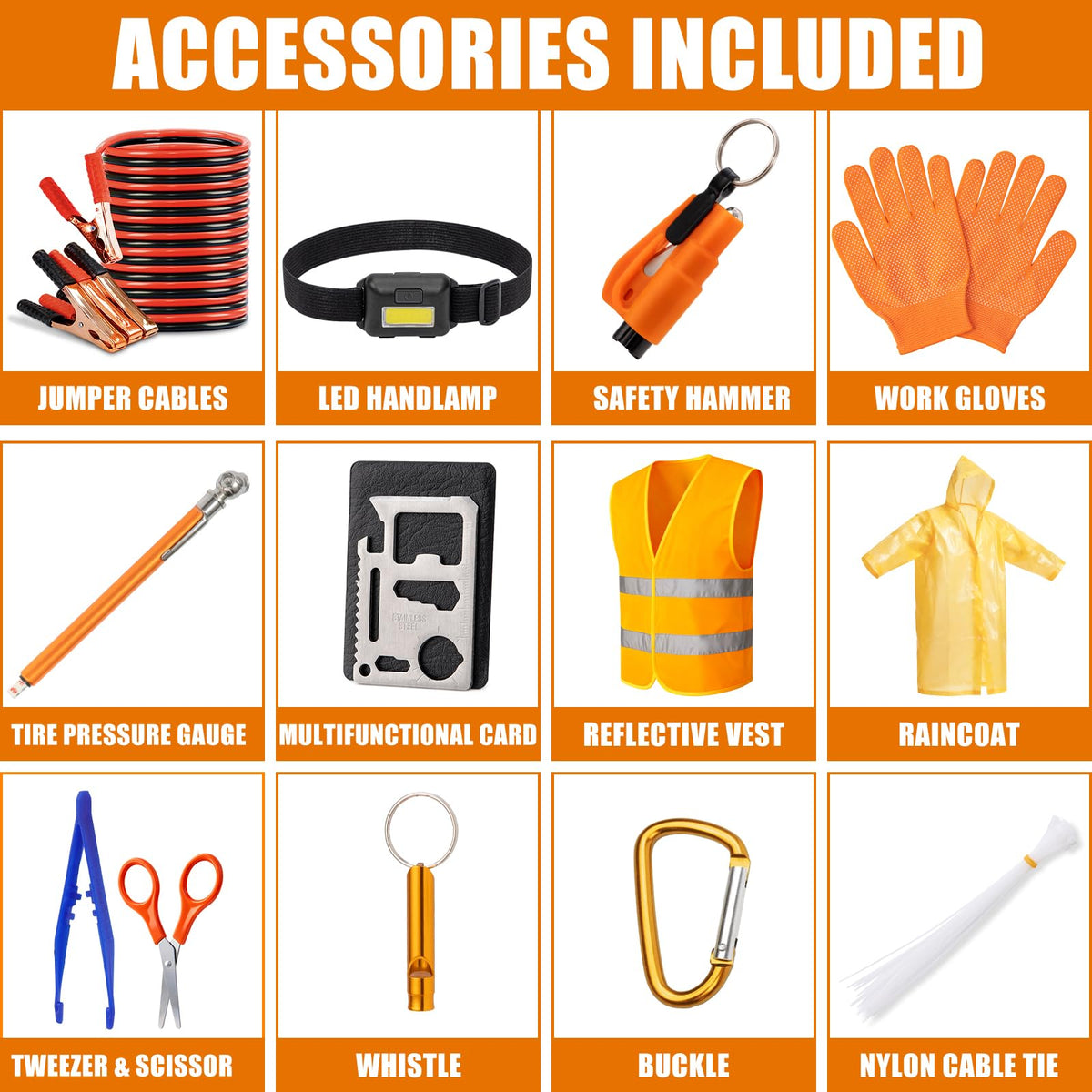 AUTODECO Car Roadside Emergency Kit, Car Safety Kit Portable Car Kits for Emergency with Jumper Cable, Safety Hammer, Orange