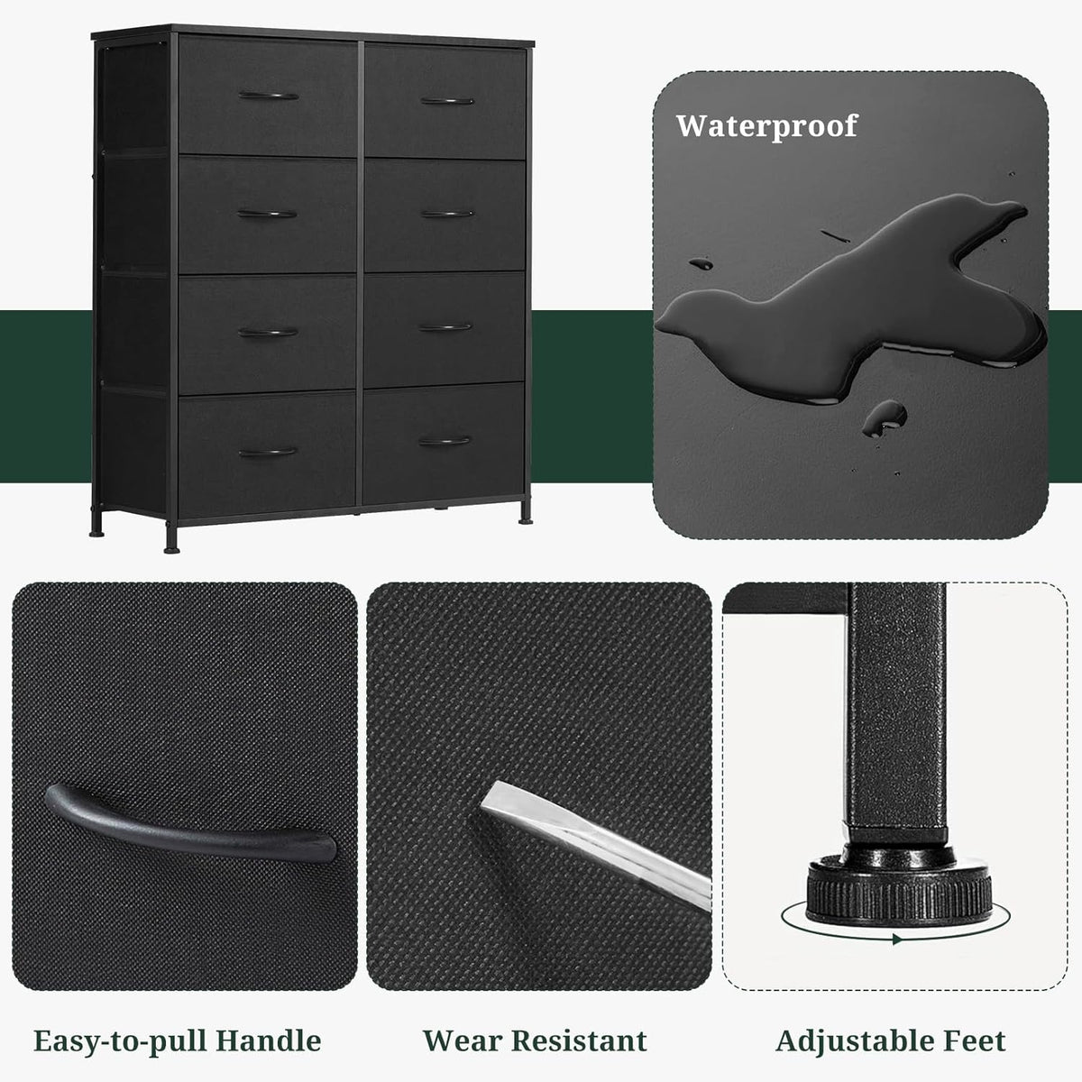 Regine Switzerland 8-Drawer Dresser - Anti-Tip Tall Storage Organizer with Wooden Top & Metal Frame | Black