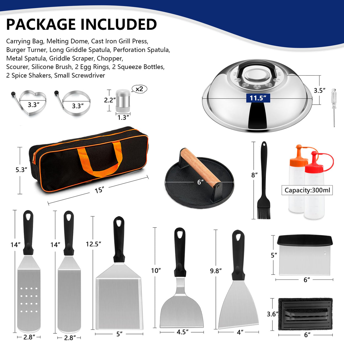 18Pcs Griddle Accessories Kit for Blackstone, Joyfair Flattop Grilling Accessory Set with Smash Burger Press, Stainless Steel Spatula Tools with Basting Cover for Outdoor BBQ Cooking (PP Handles)