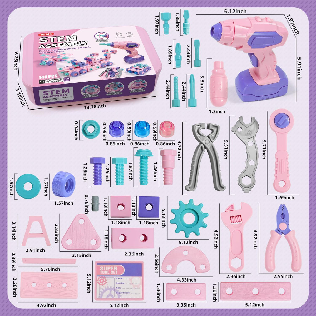 Pink Kids Tool Set for Girls,Toddler Tool Set with Drill &Toolbox,STEM Montessori Toys for 3 4 5 Year Old,Pretend Play Kid Toy,Educational Construction Toy for 3-6 Year Old Girl,Birthday Gift for Kids