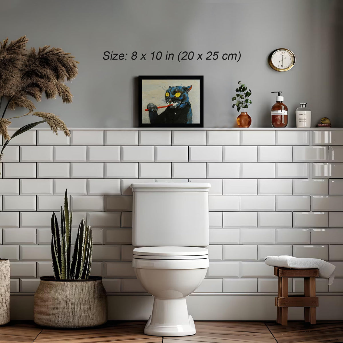 ICHZUMW Funny Black Cat Bathroom Wall Art Decor, Quirky Framed Canvas Print Painting of Cat Brushing Teeth, Humorous Animal Pictures Wall Decoration, Modern Home Artwork, Restroom Powder Room, 8x10in