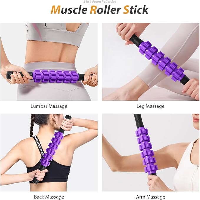 5 in 1 Foam Roller Set for Deep Tissue Muscle Massage, High Density Trigger Point Fitness Patented Exercise Foam Roller, Massage Roller, Massage Ball, Resistance Band, for Whole Body(Purple)