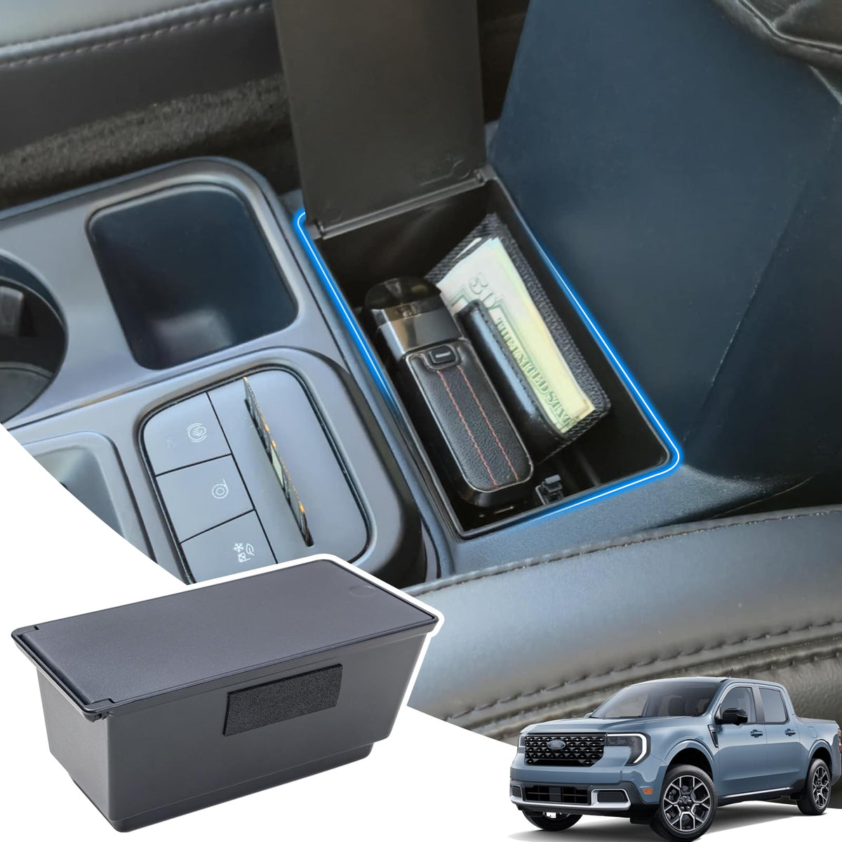 TOPINSTALL Console Hidden Storage Box Compatible with 2022-2026 Ford Maverick Accessories, Flip-Top Design Truck Organizer | One-Touch Open | Anti-Slip Mat | Secret Compartment | Premium ABS Plastic