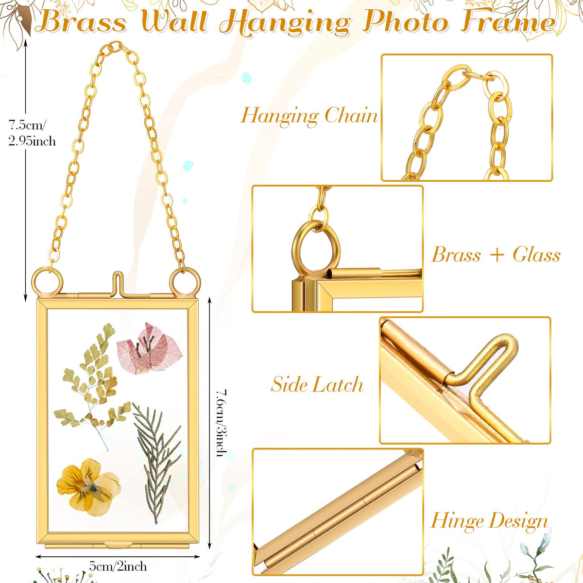 Reginary 8 Pcs 2 x 3 Inch Glass Frame for Pressed Flowers Mini Hanging Double Brass Frame Floating Glass Photo Picture Frame with Chain for Artwork Art Specimen Wall Plant DIY Decor(Gold)