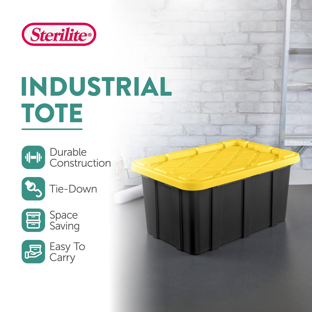 Sterilite 17 Gal Industrial Tote, Stackable Storage Bin with Snap-Fit Lid for Garage, Basement & Attic Storage, Black Base and Yellow Lily Lid, 6-Pack