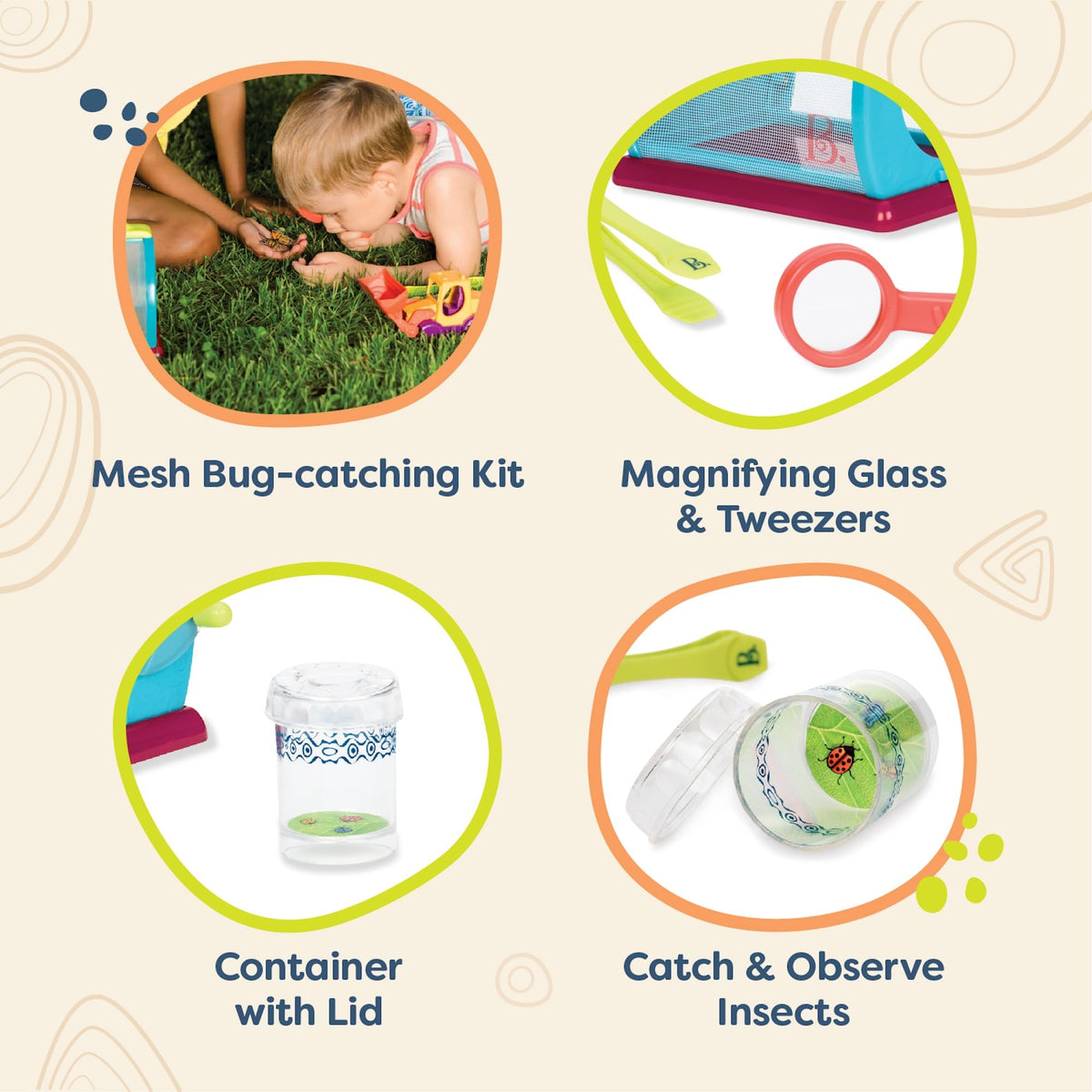 B. toys – Bug Bungalow Insect Catching Kit with Mesh Case, Magnifying Container, Tweezers & Magnifier – Educational Outdoor Toys for Toddlers – Nature Exploration Set for 3+ Years