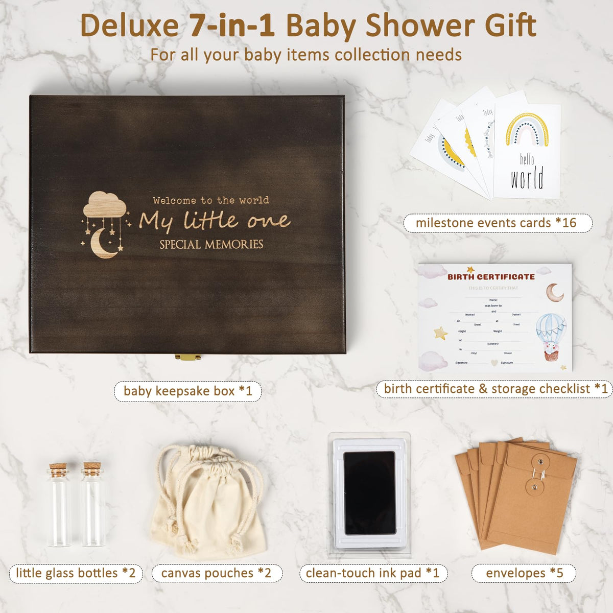 Baby Keepsake Box Wooden with 6 Additional Items - Baby Shower Gifts for Girls Boys New Mom, Newborn Essentials Must Haves Memory Box with Tooth Fairy Tooth Holder, Engraved with Guidelines, Large