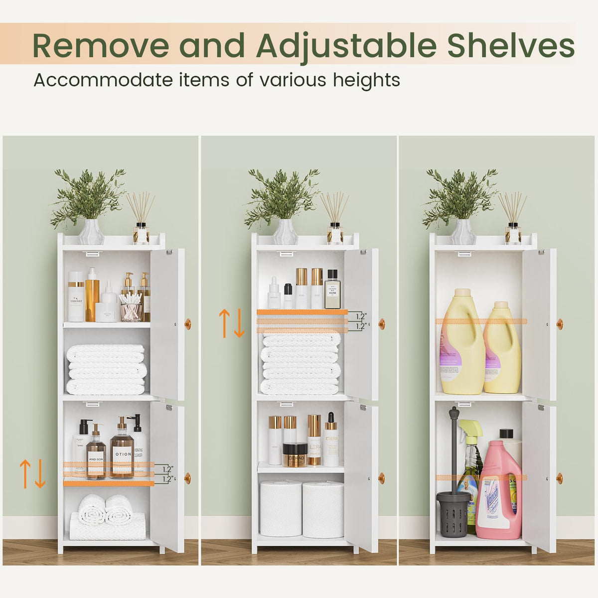 Snughome Bathroom Storage Cabinet, Small Bathroom Cabinet with 2 Doors & Adjustable Shelf, Narrow Toilet Paper Cabinet for Small Spaces, White, 7.9" D x 9.8" W x 29.5" H