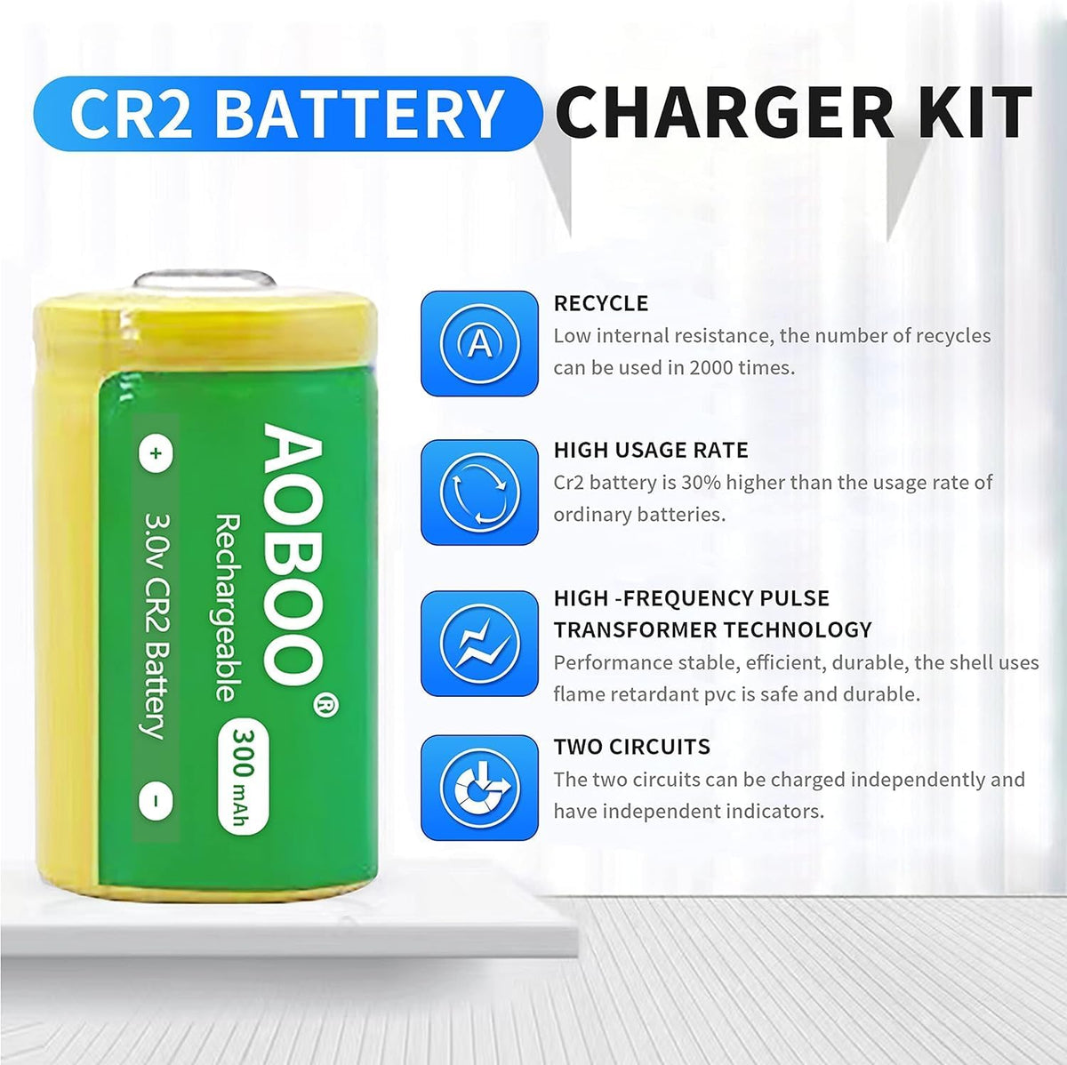 AOBOO CR2 2PCS CR-2W CR2 3v (Battery-ABO-S1) Li-Ion Battery Rechargeable Battery Camera Battery Rechargeable Charger