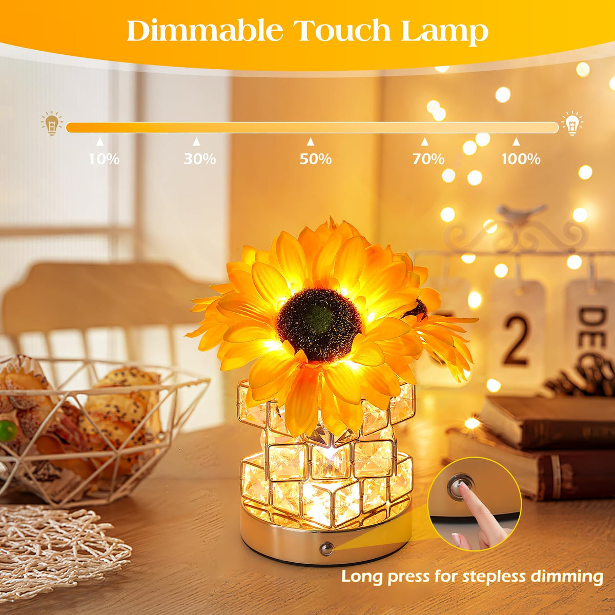 AMWGIMI Sunflowers Flower Lamp,Rechargeable Cordless Touch Table Lamp,3-Colour Infinitely Dimming Small Night Light,Festival Restaurant Bedroom Bar Coffee Shop Birthday Gifts for Women Mom