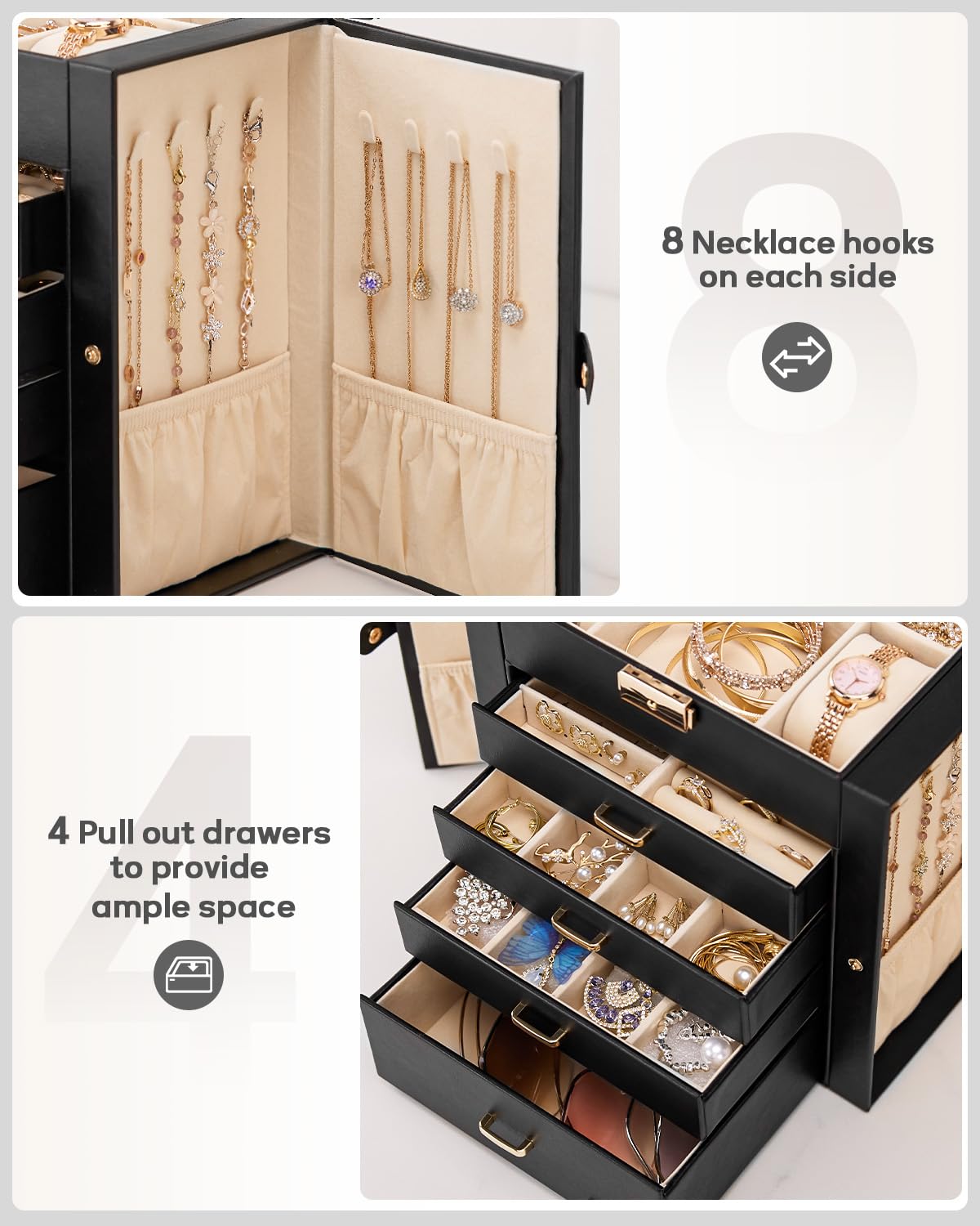 Homde Synthetic Leather Huge Jewelry Box Mirrored Watch Organizer Necklace Ring Earring Storage Lockable Gift Case (Black + Gold)