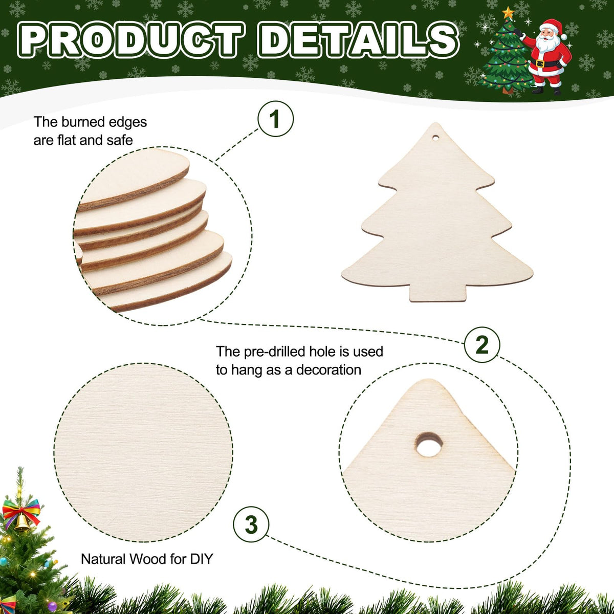MECCANIXITY 24Pcs Wooden Christmas Tree Ornaments to Paint, 4" x 4" DIY Blank Unfinished Wood Homemade Ornament with Rope for Art Crafts DIY Thanksgiving Halloween Birthday Gifts
