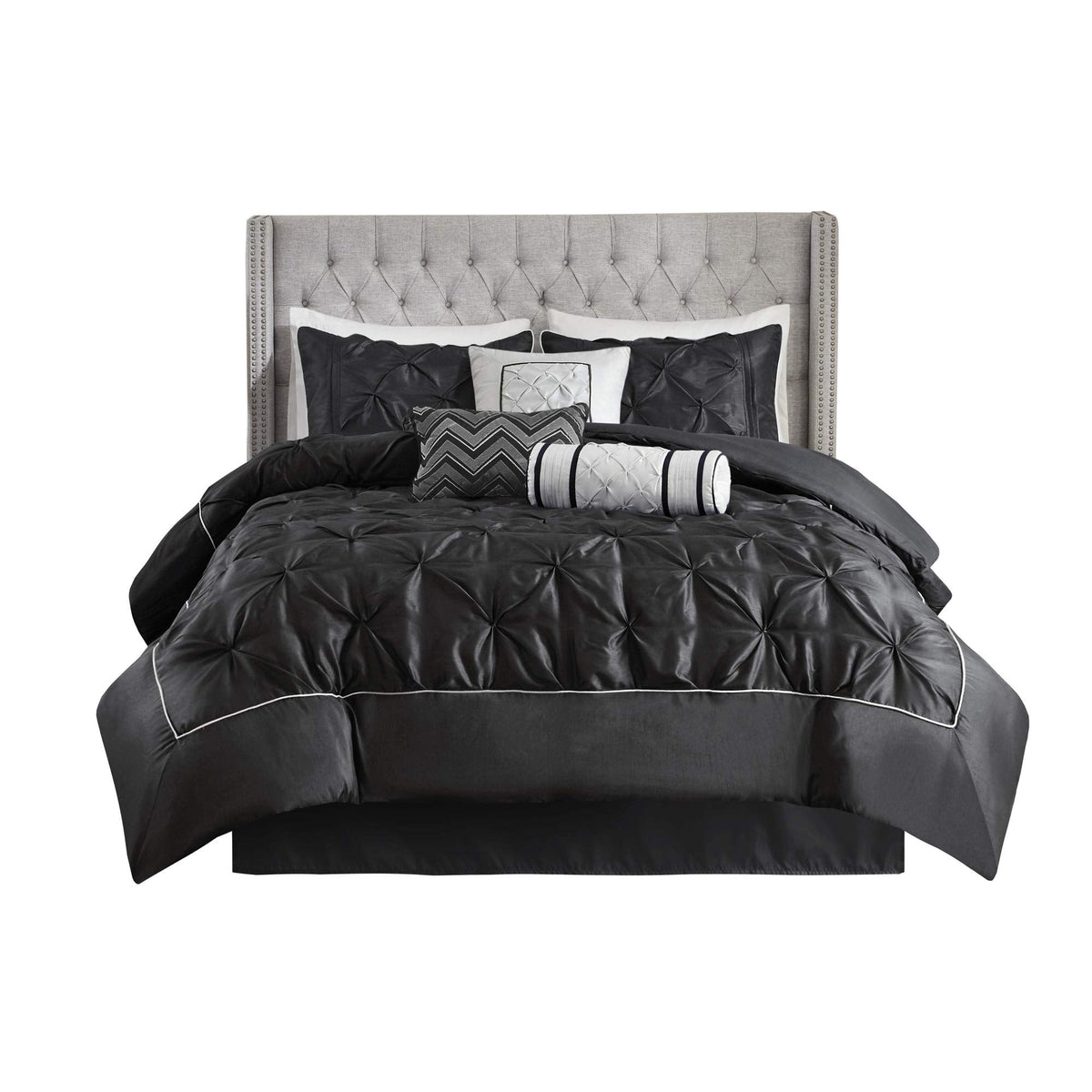 Madison Park Laurel Queen Size Bed Comforter Set Bed In A Bag - Black , Wrinkle Tufted Pleated – 7 Pieces Bedding Sets – Faux Silk Bedroom Comforters