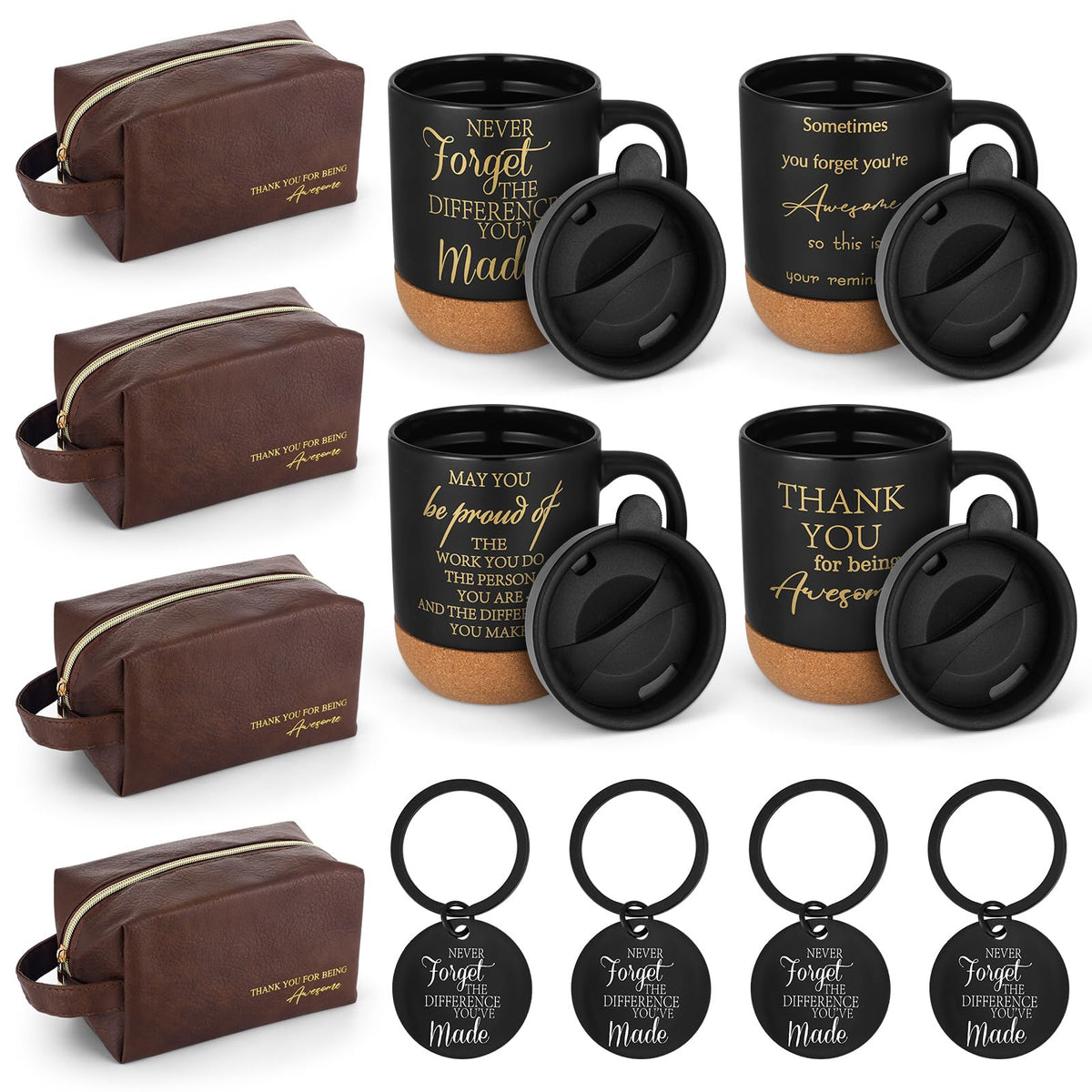 DERTE 12 Pcs Thank You Gift for Men Male Teacher Coworker Employee Appreciation Gift 15 oz Coffee Cup Leather Toiletry Bag Inspirational Keychain Set for Boss Staff Dad Fathers Day Husband Friends