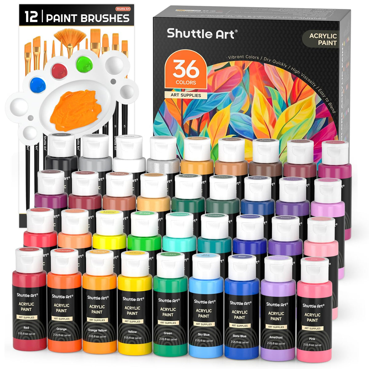 Shuttle Art Acrylic Paint, 36 Colors Acrylic Paint Set with Brushes & Palette, 2oz/60ml Bottles, Rich Pigments Non-toxic for Artists Kids & Adults, Painting on Canvas Rocks Ceramic Wood
