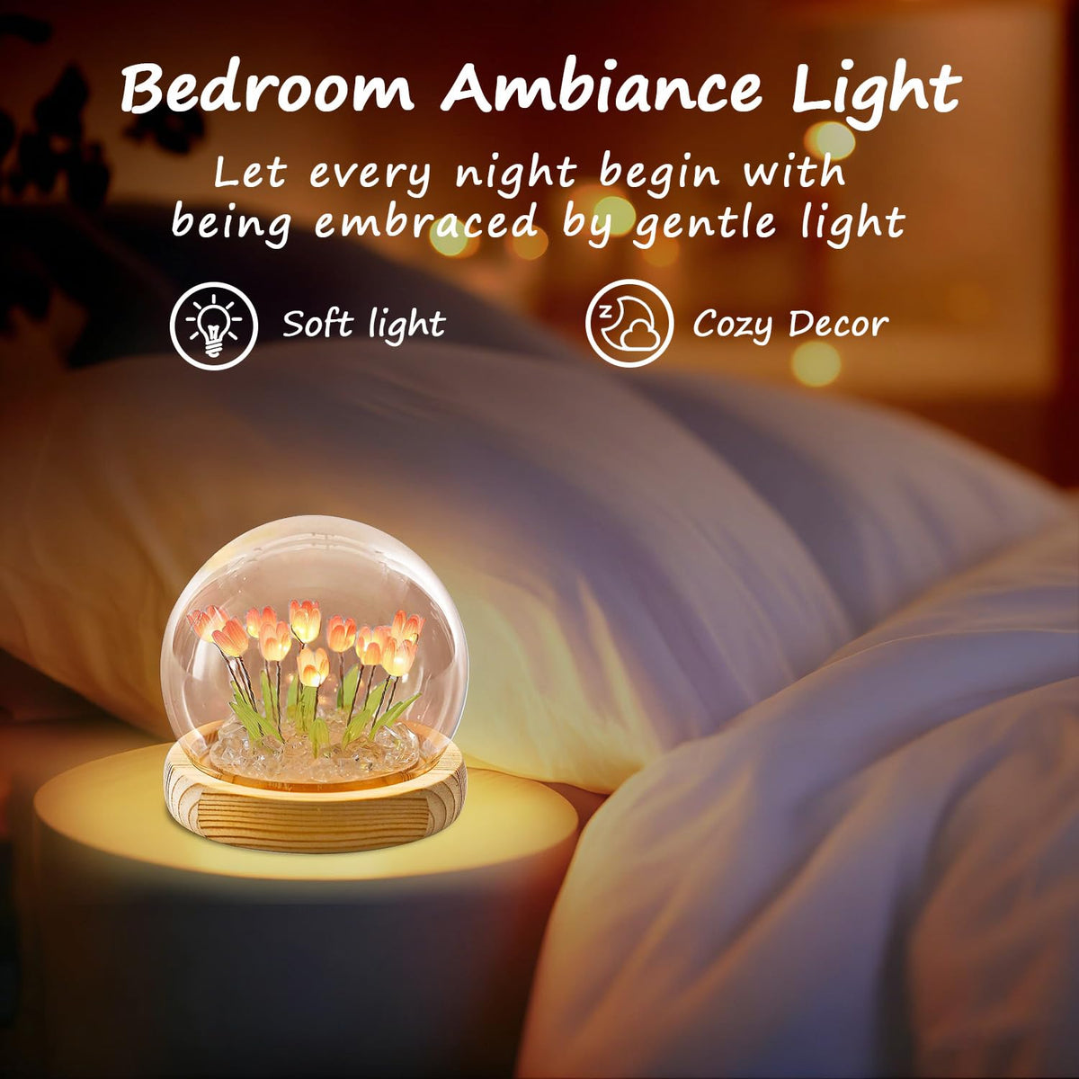 Lifnatty Mothers Day Tulips Gifts for Women – Tulip Lamp with Glass Dome, Birthday Gift for Girlfriend, Wife, Mom, Battery Operated LED Flower Night Light for Bedroom, Home and Table Decor