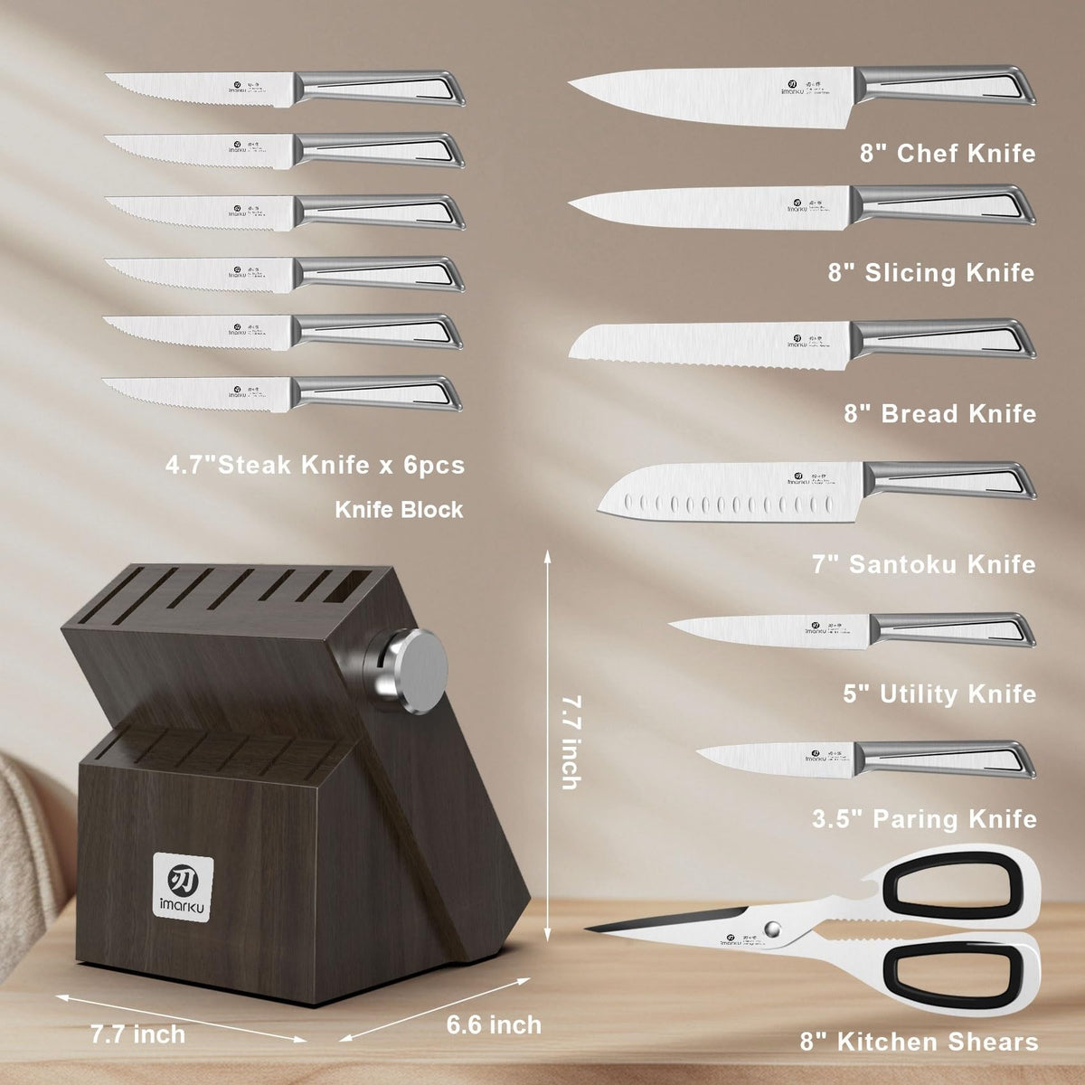 Knife Sets for Kitchen with Block imarku G14 Japanese Knife Set Stainless Steel Kitchen 14pcs, Built-in Sharpener, Sharp Knives with Non-slip Ergonomic Handle - Dishwasher Safe, Home Essential Gifts