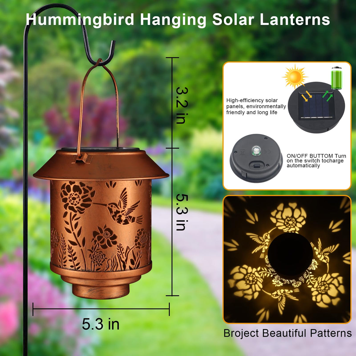 Solar Lantern Lights Outdoor Hanging, Solar Lights Outdoor Waterproof,Garden Decor Gifts for Women Mom,Metal Decoration Lanterns for Garden Patio(Hummingbird)