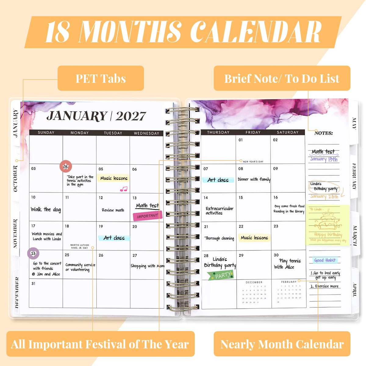 Planner 2026-2027, Large 18 Months Academic Daily Weekly Monthly Planner Yearly Agenda Jan. 2026–June. 2027, 7.9" x 9.8", Page Tabs, Separator Page, Pocket Folder, Bookmark, Stickers, Sticky Note Set
