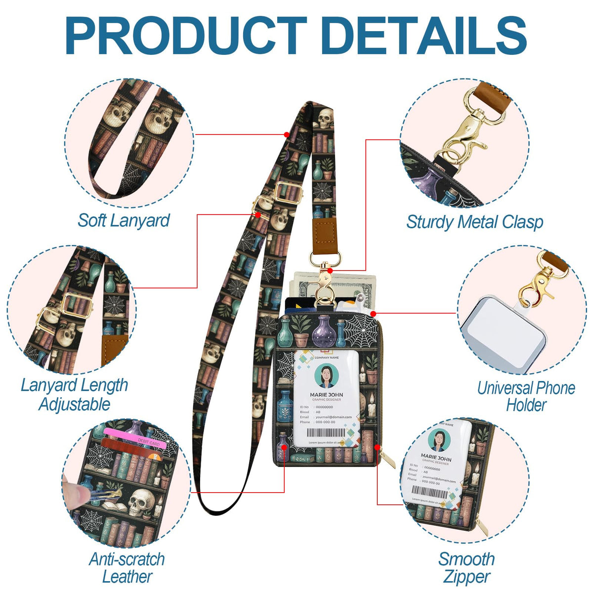 QRZIQRZ Lanyards Wallet & ID Badge Holder,Skull Bookshelf ID Case with Zipper,RFID Credit Card Holder for Women,Detachable Neck Lanyard Wrist Strap with Keychain Phone Holder for Teacher Nurse Gifts