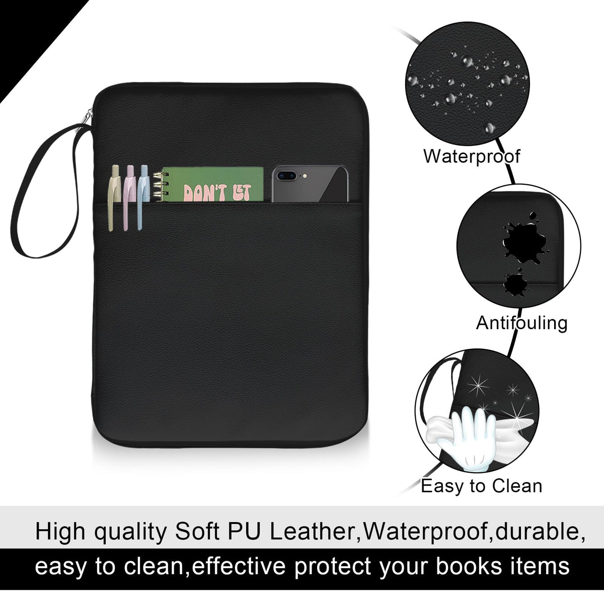 QRZIQRZ Black Book Sleeve Kindle Pouch, Book Protector Case with Zipper, PU Leather Waterproof Book Cover Bag, Portable Book Pouch for Book Lovers Gifts Paperbacks Bibles Hardcover