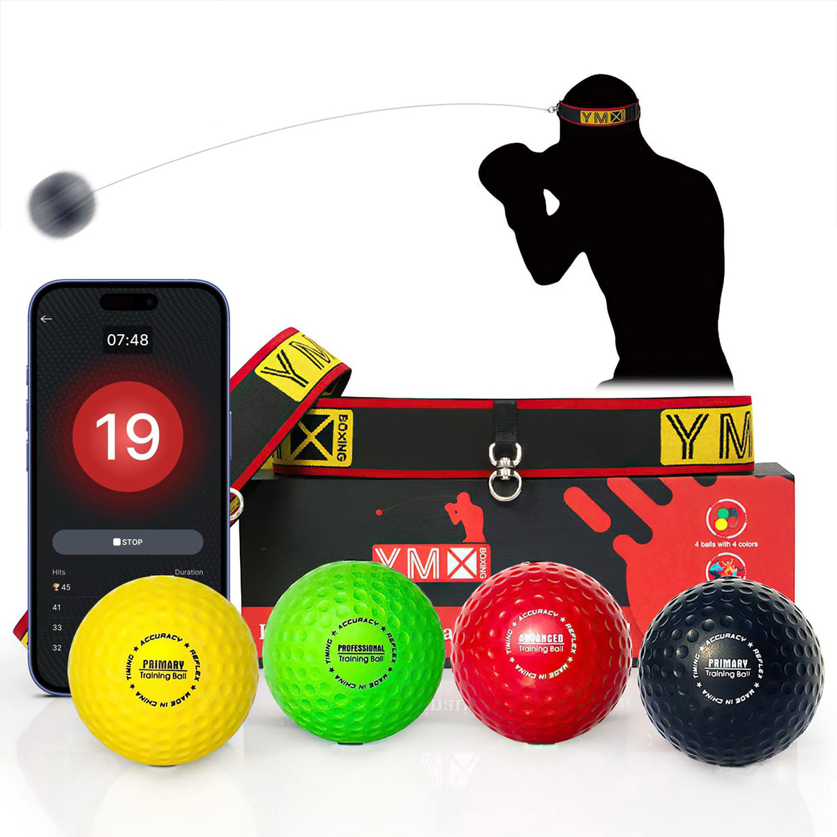 YMX BOXING® Ultimate Reflex Ball Set with Counter App - 4 React Reflex Ball Plus 2 Adjustable Headband, Great for Reflex, Timing, Accuracy, Focus & Coordination Training for Boxing, MMA and Krav Mega
