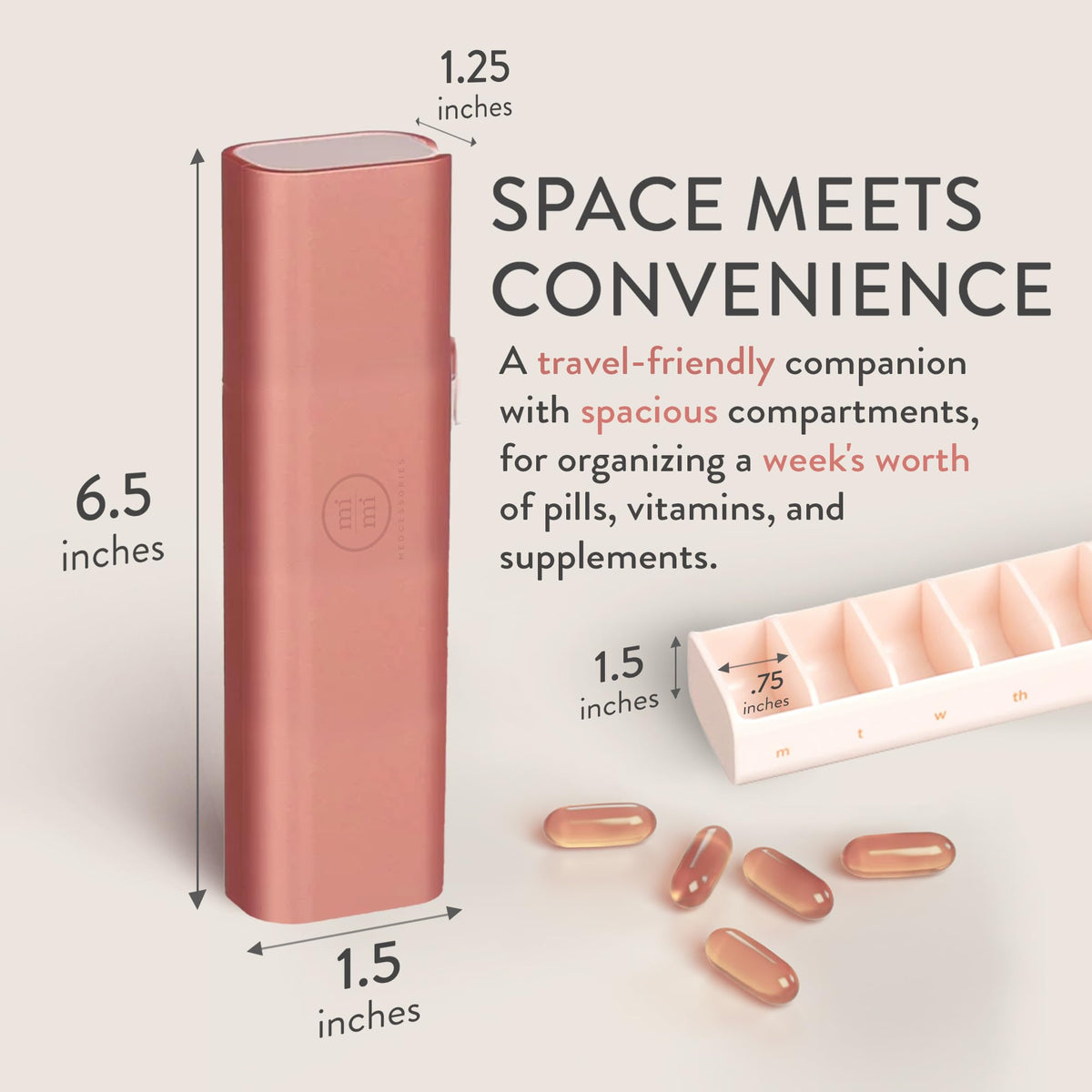 Mimi Medcessories - Pretty Pill Box Set - Stylish & Compact Daily Pill Organizer, Medication Pill Case, Pill Container for Vitamin Management, Pill Holder, Travel Essentials for Women & Men - Rose
