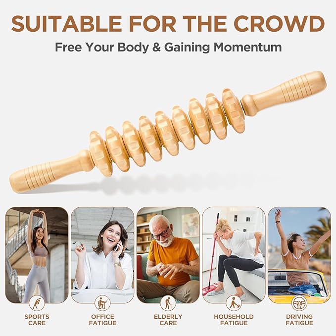 Wooden Cellulite Massage Roller for Legs and Thighs - Handheld Fascia Blaster Tool for Muscle Relief, Lymphatic Drainage & Body Sculpting - Anti Cellulite Massager for Women and Men (9 Wheel)
