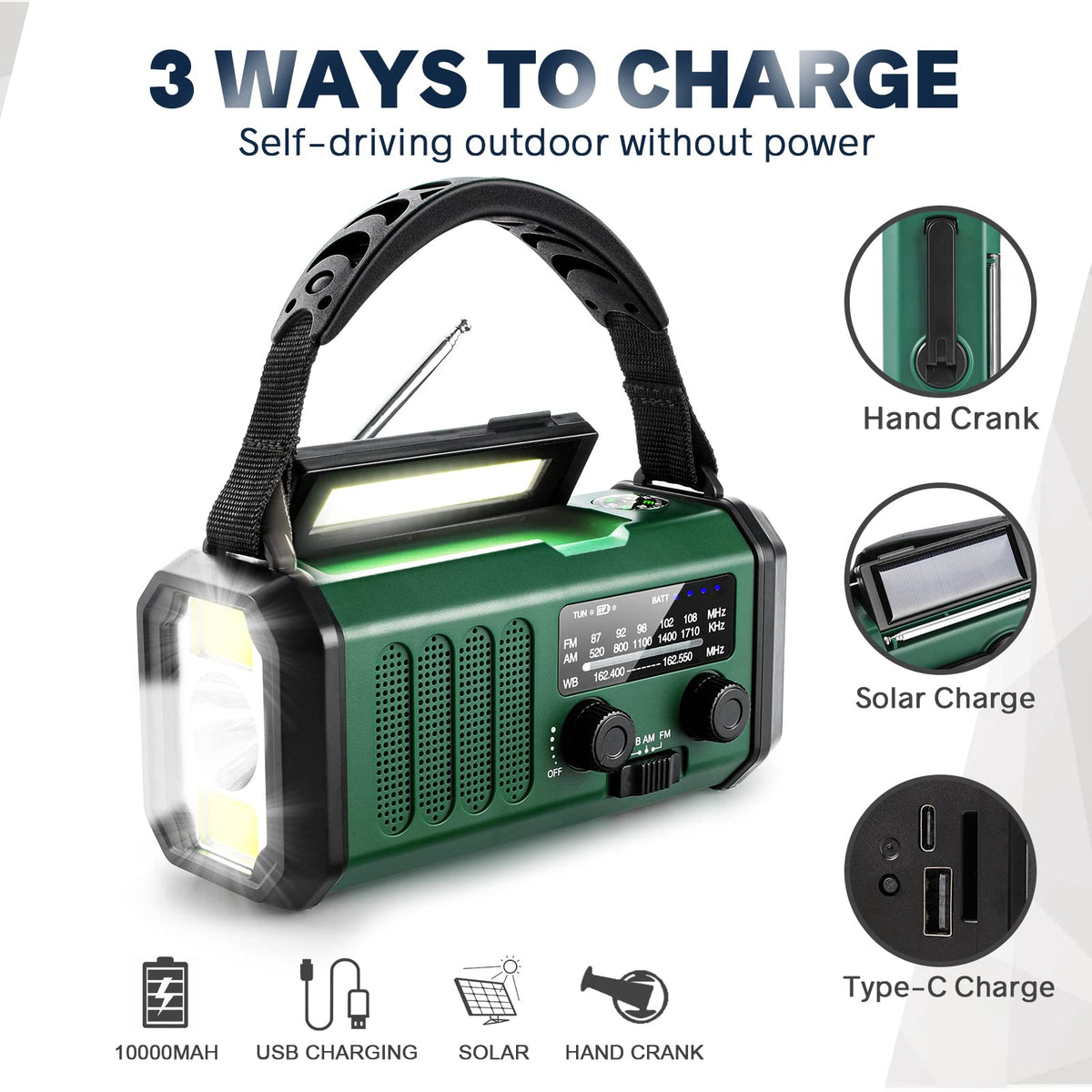 Hand Crank Emergency Radio, NOAA Weather Radio with AM/FM Solar Radio,10000mAh Rechargeable Battery Powered, USB-C Charger, Flashlight, SOS Alarm, for Storm, Hurricanes Outdoor Survival Emergencies