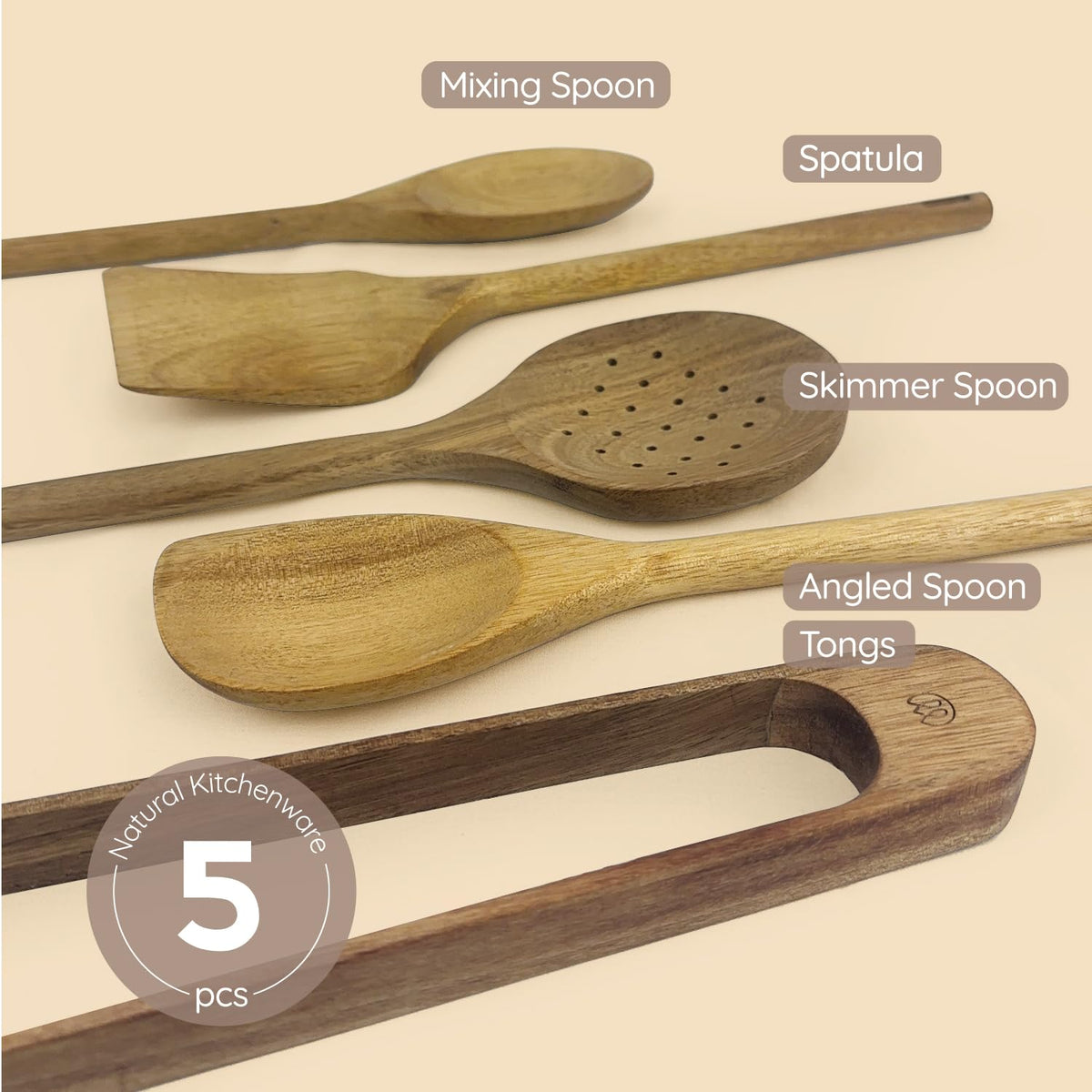 Mitus Non-Toxic Wooden Cooking Utensils - 5 Pcs Natural Acacia Hardwood Set for Nonstick Pans & Cookware - Kitchen Gift Set (Wooden Spoons, Skimmer, Tongs, Spatula)