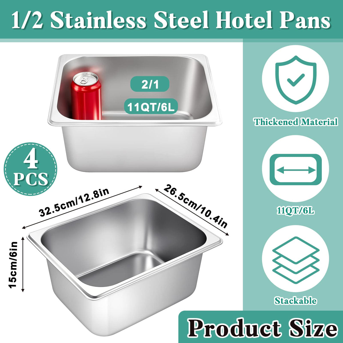 Zubebe 4 Pcs Hotel Pans Stainless Steel Steam Table Pan 1/2 Half Size 6 Inch Restaurant Steam Table Pan Deep Metal Food Tray Commercial Food Pans for Restaurant Party Buffet Catering