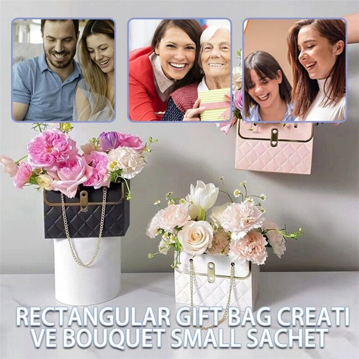 NADUSEP 6pcs Flower Paper Gift Box, Bouquet Storage Bucket Florist Handbag with Metal Chain Gift Case, Flower Boxes for Arrangements Wedding Valentine's Mother's Day Birthday Bridal Shower Graduation Anniversary Thanksgiving Christmas