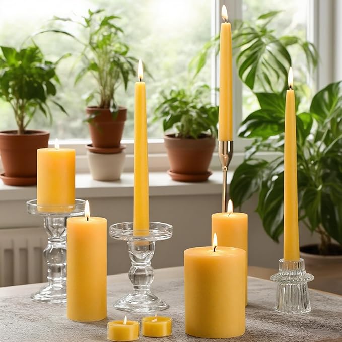 6 Packs 2x5 Inch Beeswax Candles, Natural Beeswax Pillar Candles with 52 Hours Burn Time, Organic Emergency Candle Long Burning for Home Decor, Gift Sending, Smokeless & Dripless