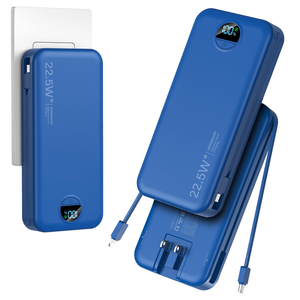 20000mAh Ultra-Portable-Charger-Power-Bank with Built in Cables&AC Wall Plug,PD20W USB-C Fast Charging Cell Phone Charger Battery Pack,LED Display Travel Battery Bank for All iPhone,Samsung,Android