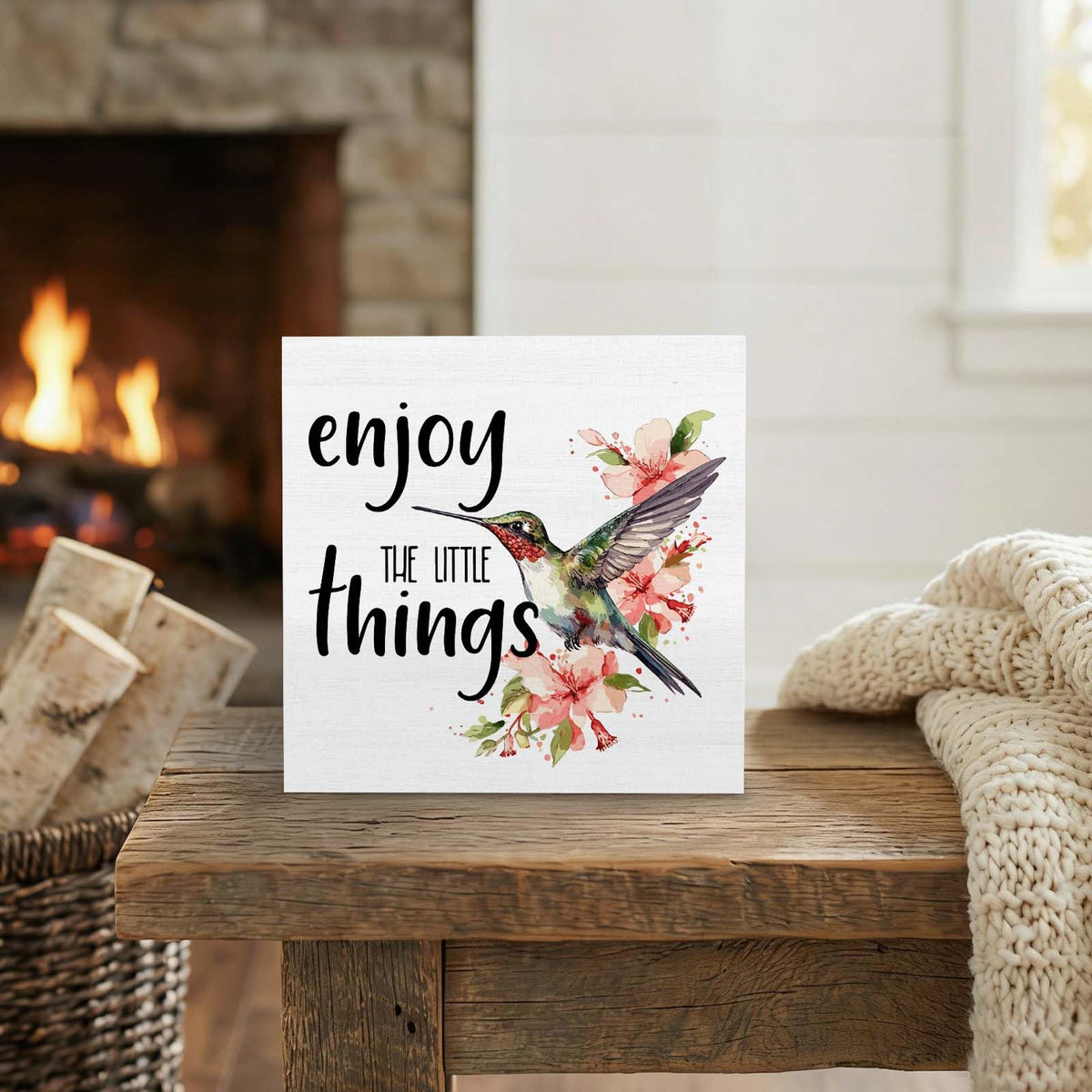 GWOKPAAI Hummingbird Inspirational Wooden Box Signs Desk Decor, Hummingbirds Gifts for Women,Enjoy the Little Things Motivational Wooden Signs Desk Decorations for Home Bedroom Tabletop Shelf,5x5in