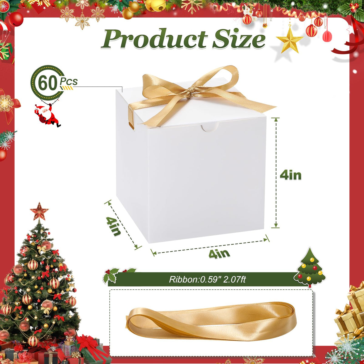 DOYIDE Small Gift Boxes, 60 Pcs 4x4x4 Inch White Elegant Paper Box with Ribbons, Party Favor Boxes for Candy Cupcake Christmas Wedding Baby Shower Bridesmaids Birthday