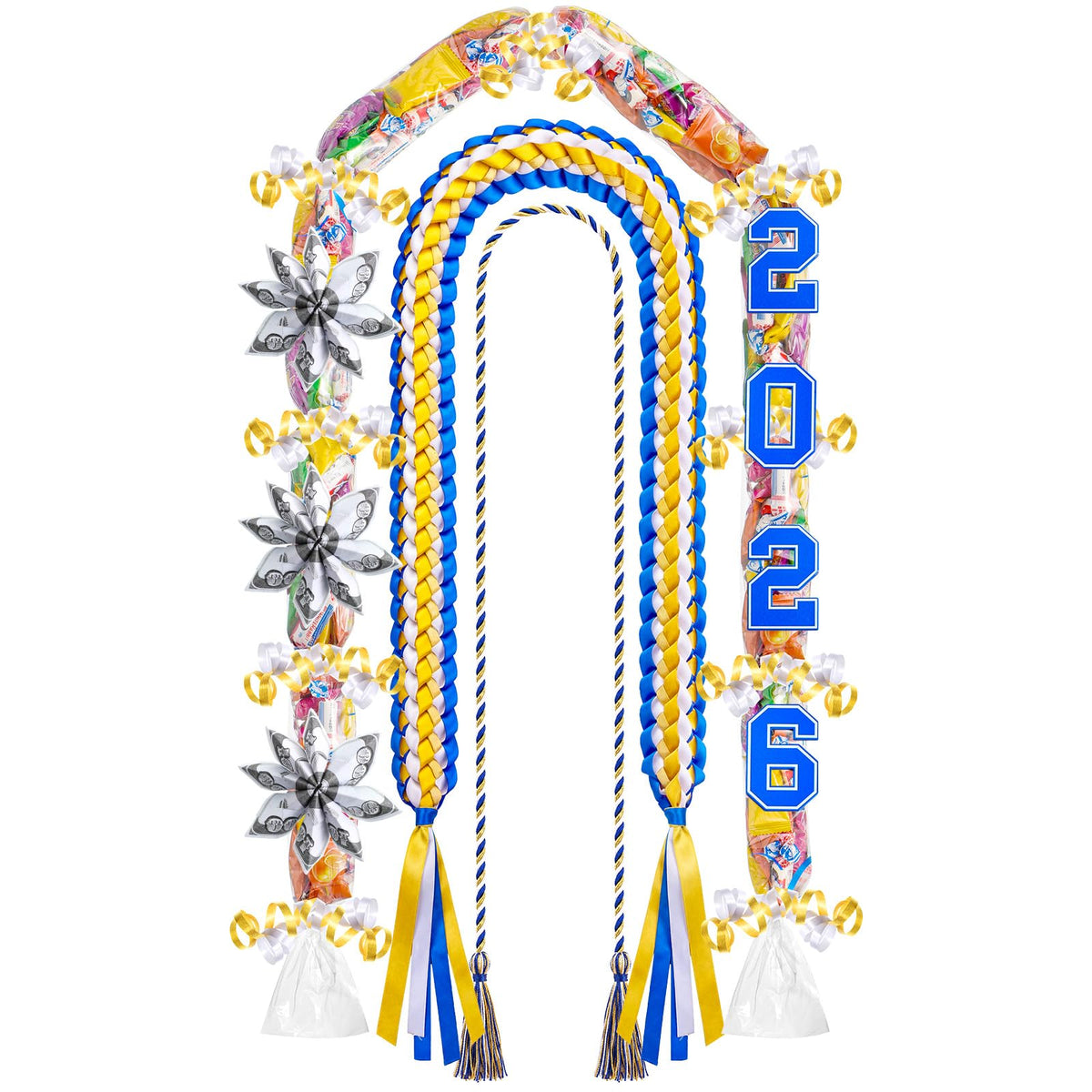 Spakon 13 Pcs Graduation Leis 2026 Graduation Candy Lei Kit Class of 2026 Ribbon Double Lei Necklace Party Accessories(Blue,White,Gold)