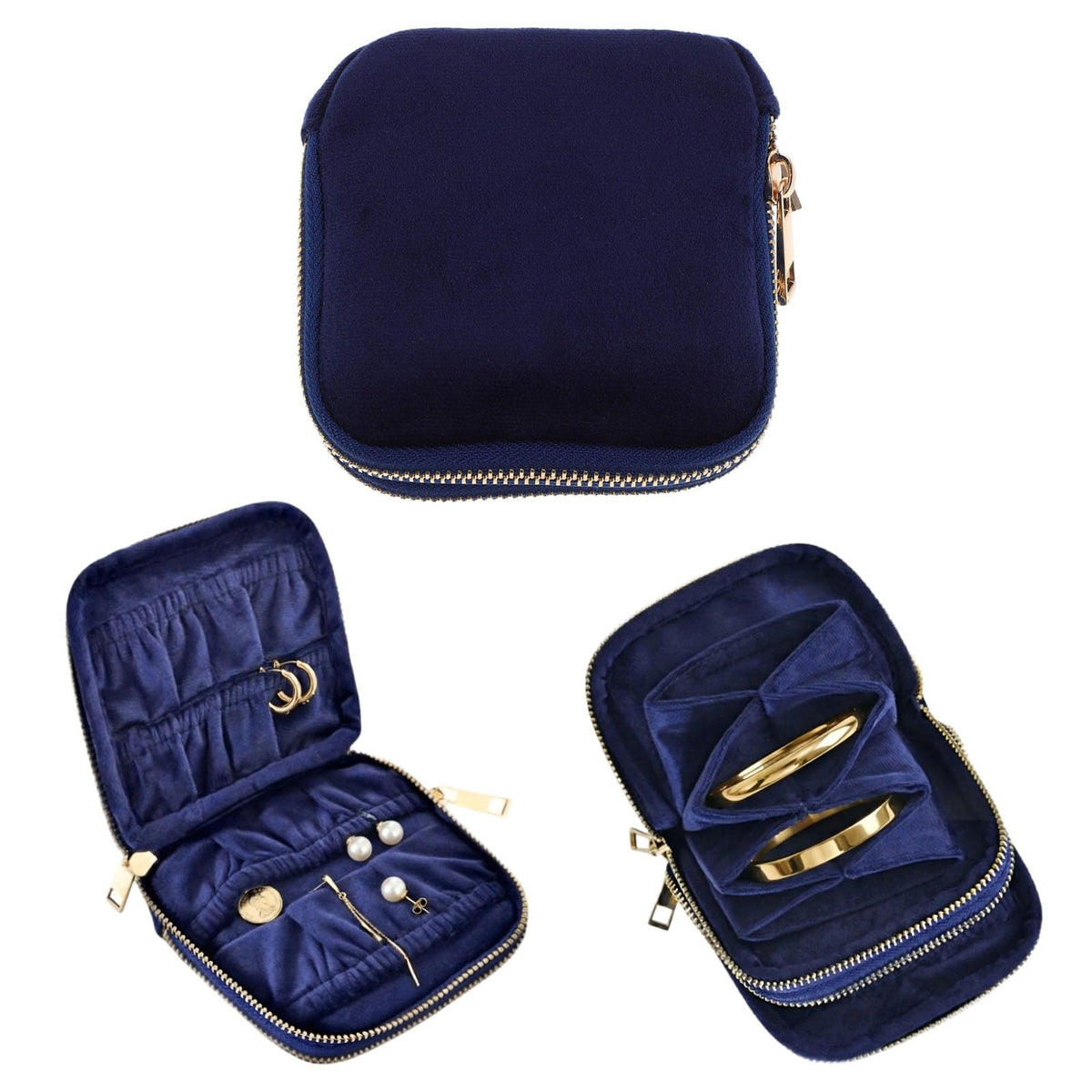 Qonio 2-Layer Travel Jewelry Case Pouch - 11 Pocket Vintage Organizer, Anti-Tangle Small Jewelry Bag for Women Necklaces Earrings Rings,Royal blue