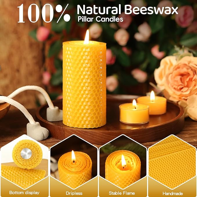 12 Pack Honeycomb Beeswax Candles,240 Hours Long Burning Natural Handmade Beeswax Rolled Pillar Candles, Bees Wax Candles for Home, Prayer,Dripless Smokeless Unscented Pillar Candle 2x4in