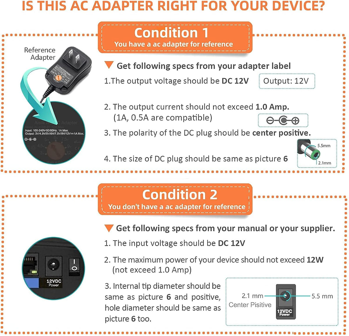 Aisilk 12W 3V 4.5V 5V 6V 7.5V 9V 12V 1000mA 1A 8 Multi-Voltage AC DC Power Adapter Universal Switching Power Supply
