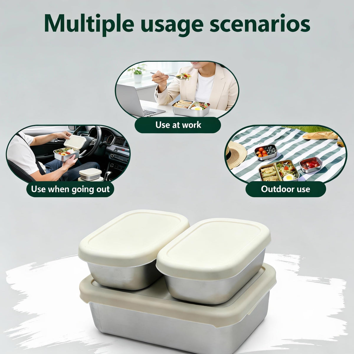 Koocovel Leak Proof Stainless Steel Bento Box Set - 3-Piece, Metal Lunch Box with Silicone Lid, Dishwasher Safe, Stainless Steel Lunch Box Containers for Home, Office, Camping (1 x 34 oz + 2 x 8.8 oz)