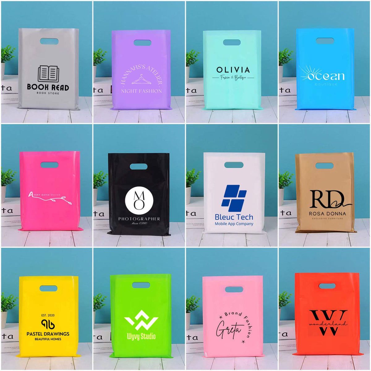 100 SALIFECO Custom Plastic Bags with Logo, 2.36Mil Personalized Shopping Bags with Die Cut Handles, Glossy Gift Bags for Small Business, Boutique, Retail, Trade Shows, Events, Parties (6x8In)