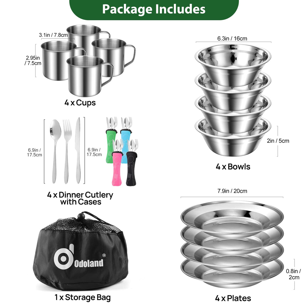 Odoland 29pcs Stainless Steel Utensils Camping Mess Kits with Bowls Plates Cups Forks Spoons and Knives for 4, Camping Cutlery Set for Backpacking, Outdoor Hiking and Picnic