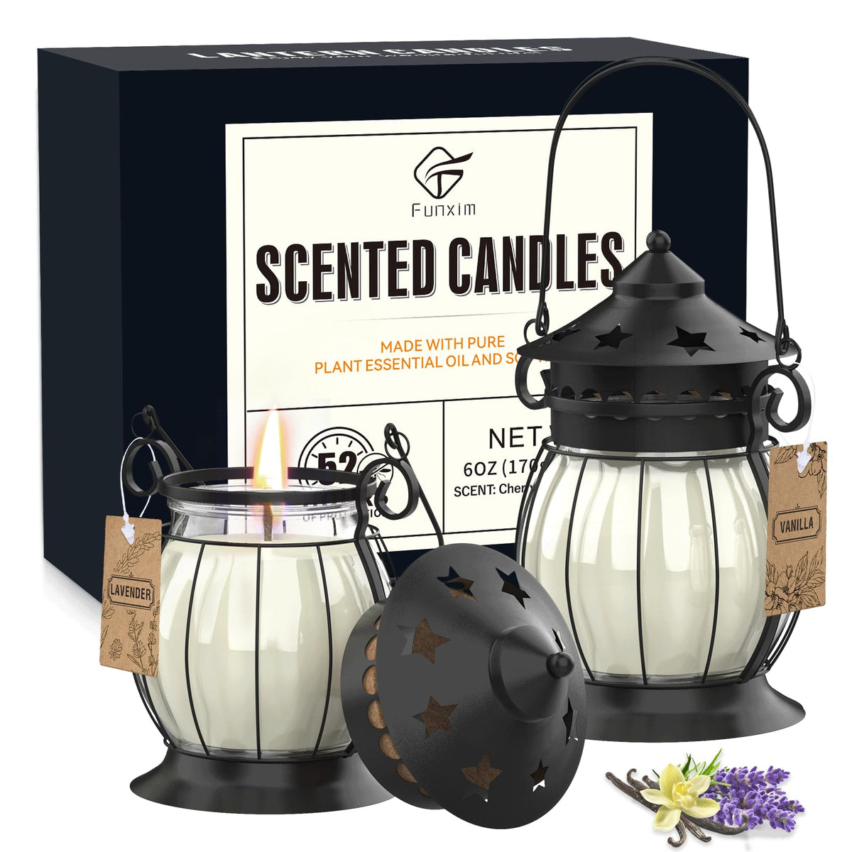Scented Candles Gifts Set for Women, 2X 6 oz Aromatherapy Jar Candles for Home, Vanilla & Lavender Soy Wax Long Lasting Retro Lantern Candles Perfect for Stress Relief Mum Yoga Bath Spa Christmas