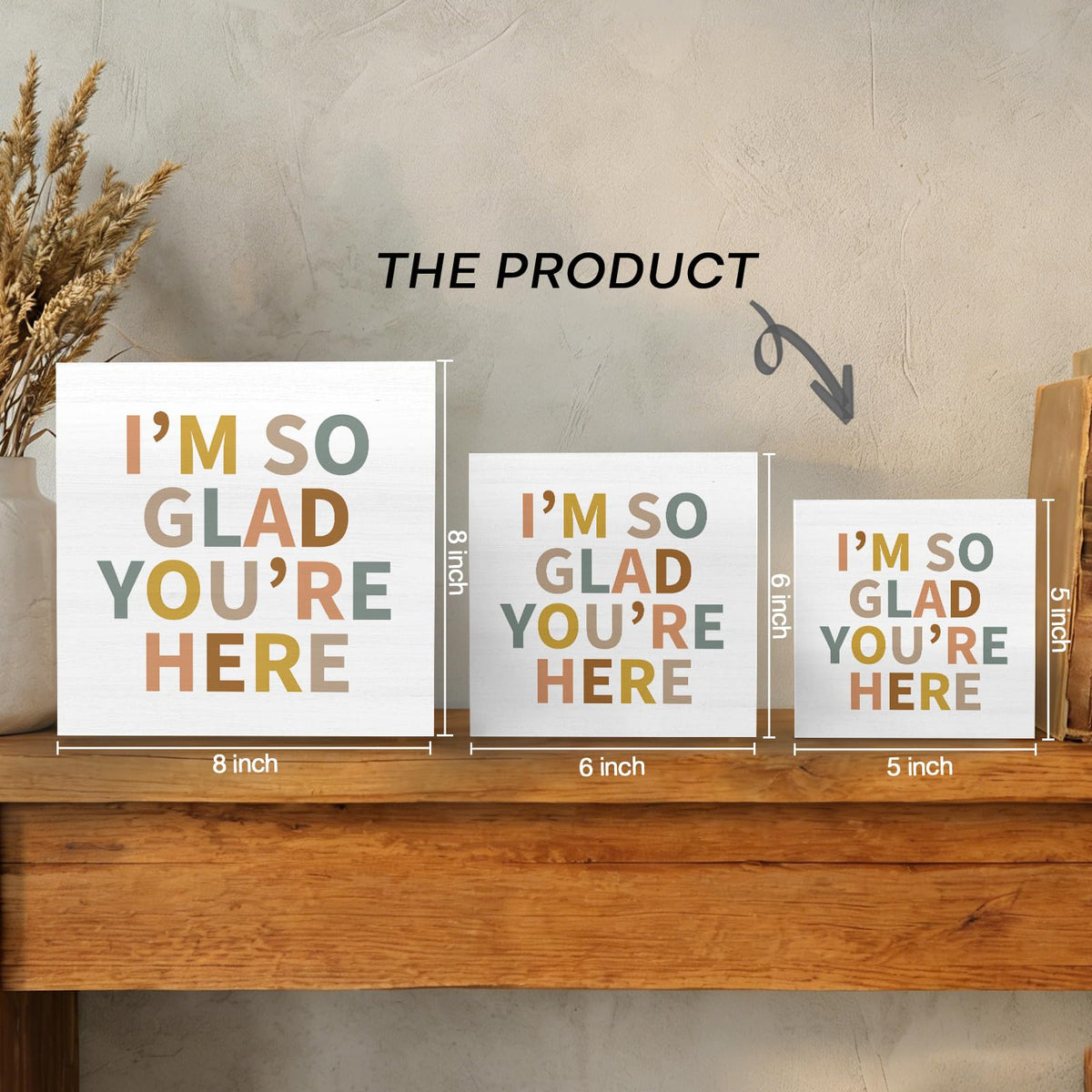GWOKPAAI Boho Classroom Wooden Box Signs Desk Decor, Kids Room Decor, I'm So Glad You're Here Boho Wooden Signs Desk Decorations for Kids Toddler Room Bedroom Playroom Tabletop Shelf Wall, 5x5in