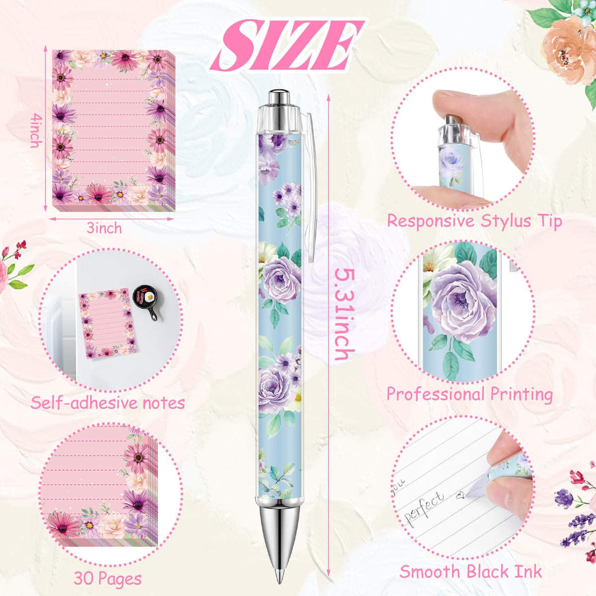 Eaasty 20 Pieces Flower Gift for Women Sticky Notes with Floral Pens, Pencil Bags Makeup Bags, 3 x 4 Inches Cute Note Pads, Funny 1.0 mm Ballpoint Pens, Office Supplies for Women